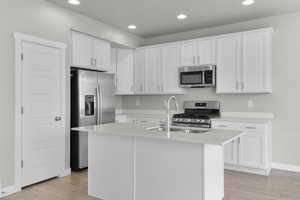 Kitchen with stainless steel appliances, a sink, light wood-type flooring, light countertops, and recessed lighting