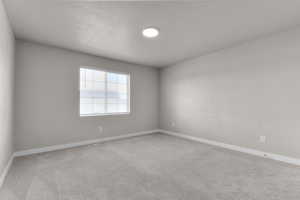Unfurnished room with carpet, a textured ceiling, and baseboards