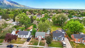 Aerial view of residential area with mountains