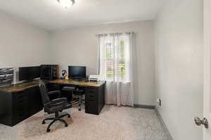 Carpeted home office featuring a textured ceiling and baseboards