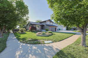 View of front facade with a front yard, concrete driveway, stucco siding, and an attached garage