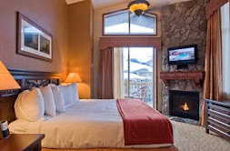 Bedroom with a stone fireplace and vaulted ceiling