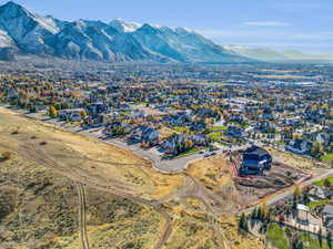 Aerial view of residential area with a mountain backdrop