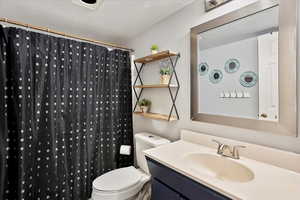 Bathroom featuring toilet, vanity, and a shower with shower curtain