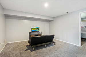 Living area featuring carpet flooring and baseboards