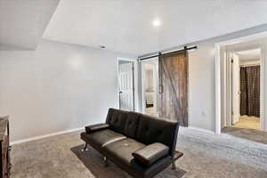 Living area featuring carpet, a barn door, baseboards, and a textured ceiling
