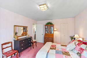 Downstairs bedroom with a textured ceiling, wallpapered walls, and a deep walk-in closet