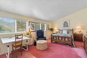 Primary bedroom with lofted ceiling, a textured ceiling