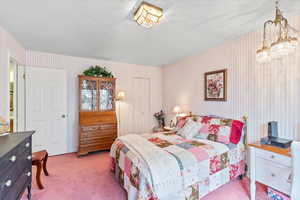 Downstairs bedroom with wallpapered walls and a deep walk-in closet