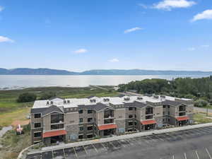 Aerial view of a water and mountain view