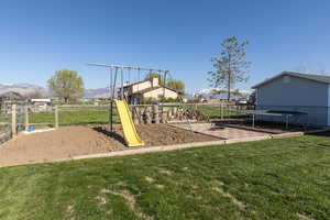 View of play area with a mountain view