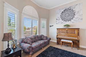 Living room featuring carpet, crown molding, healthy amount of natural light, and baseboards