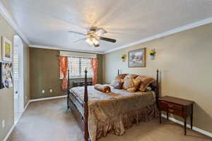 Carpeted bedroom featuring a textured ceiling, ornamental molding, baseboards, and ceiling fan