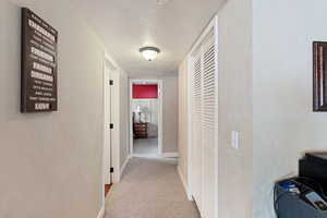 Hall with carpet flooring and baseboards