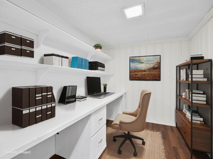 Office area featuring dark wood-style floors