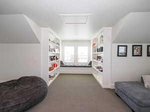 Game room with attic access, dark carpet, baseboards, and built in shelves