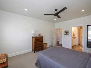 Bedroom with baseboards, recessed lighting, ceiling fan, and connected bathroom