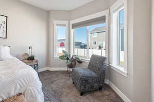 Bedroom with multiple windows and carpet floors