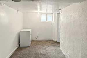 Below grade area featuring fridge, carpet floors, and baseboards