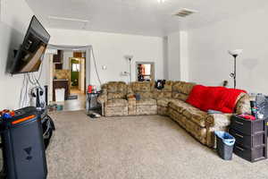 Living area featuring carpet flooring and attic access