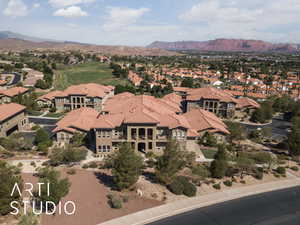 Aerial perspective of suburban area featuring mountains