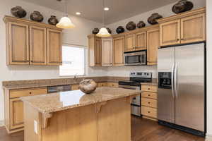 Kitchen with stainless steel appliances, light stone countertops, decorative light fixtures, a kitchen island, and dark wood finished floors