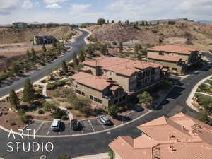 Aerial overview of property's location with mountains