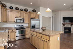 Kitchen with appliances with stainless steel finishes, open floor plan, dark wood-style flooring, light stone countertops, and hanging light fixtures