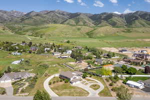 Aerial view of residential area with a mountain backdrop