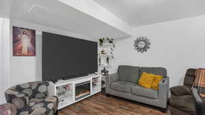 Living area with wood finished floors