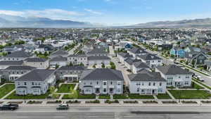 Aerial view of residential area with mountains