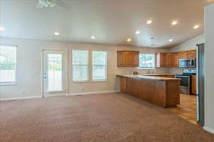 Kitchen with appliances with stainless steel finishes, recessed lighting, light colored carpet, a peninsula, and a sink