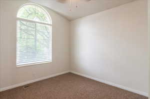 Carpeted spare room with plenty of natural light, a ceiling fan, lofted ceiling, and baseboards