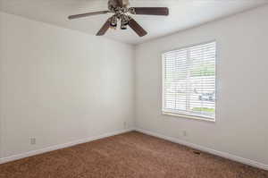 Empty room with carpet flooring, plenty of natural light, a ceiling fan, and baseboards