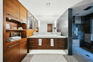 Full bathroom with walk in shower, vanity, and tile patterned flooring