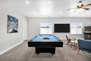 Rec room with carpet floors, billiards table, plenty of natural light, baseboards, and recessed lighting