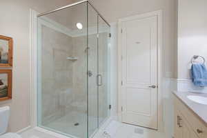 Bathroom with a stall shower, toilet, and vanity