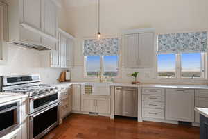 Kitchen with stainless steel appliances, a sink, light countertops, backsplash, and a high ceiling