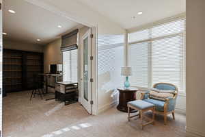 Living area featuring an office area, carpet, recessed lighting, and baseboards