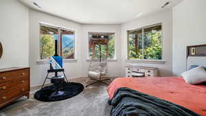 Carpeted bedroom featuring multiple windows and baseboards