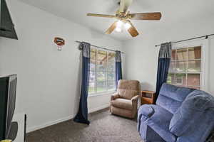 Living area with carpet flooring, baseboards, and ceiling fan