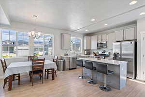 Kitchen featuring appliances with stainless steel finishes, a sink, a textured ceiling, light countertops, and a kitchen island