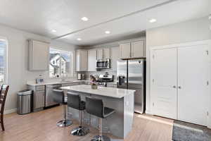 Kitchen with stainless steel appliances, gray cabinetry, light wood-style floors, a sink, and a breakfast bar