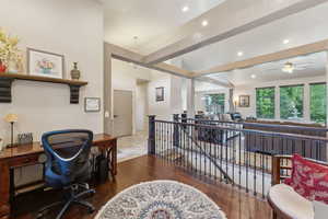 Office area with ceiling fan, recessed lighting, and wood finished floors