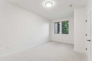 Unfurnished bedroom with light carpet and baseboards