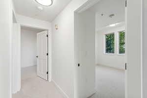Hall with light carpet and baseboards