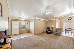The spacious living room features a wide-open design that flows effortlessly.