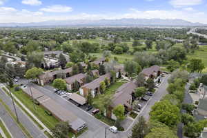 Aerial view of residential area with a mountainous background