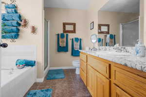 Full bath featuring a stall shower, baseboards, tile patterned floors, vanity, and toilet