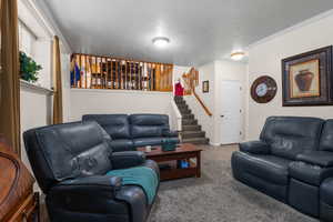 Living area featuring carpet, stairway, ornamental molding, a textured ceiling, and baseboards
